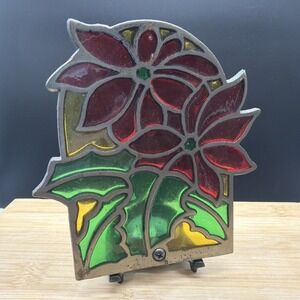 Vtg Stained Glass Cast Iron Tea Light Candle Holder Poinsettia Christmas Taiwan